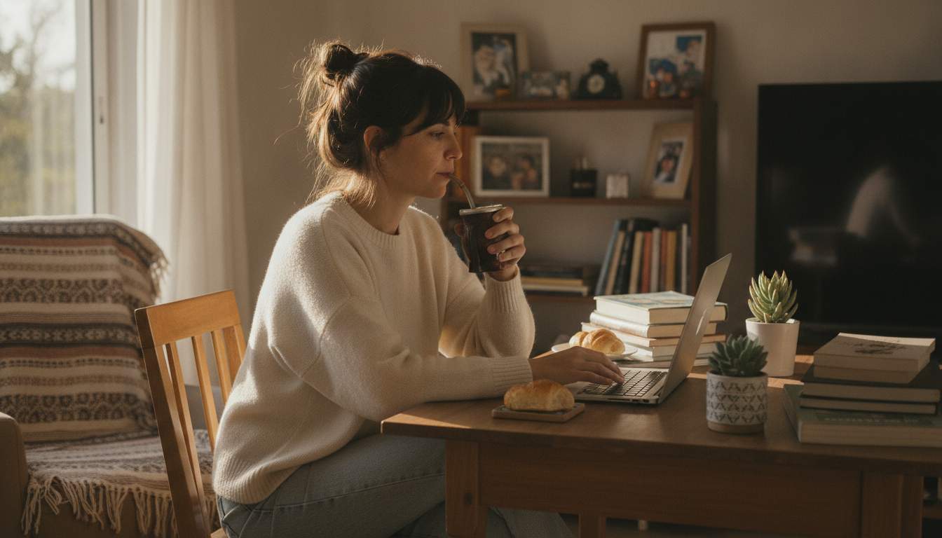 Mujer argentina usando su computadora con un ambiente seguro.
